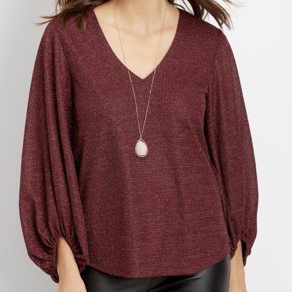 MAURICES Women's Burgundy Glitter Shiny  V Neck Top / Blouse Size L Large - Picture 1 of 16